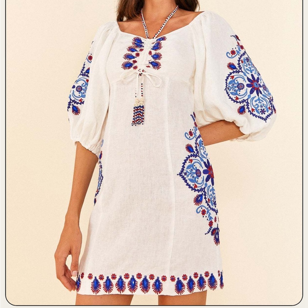 Farm Rio Off-White Navy Embroidery Mini Dress size small